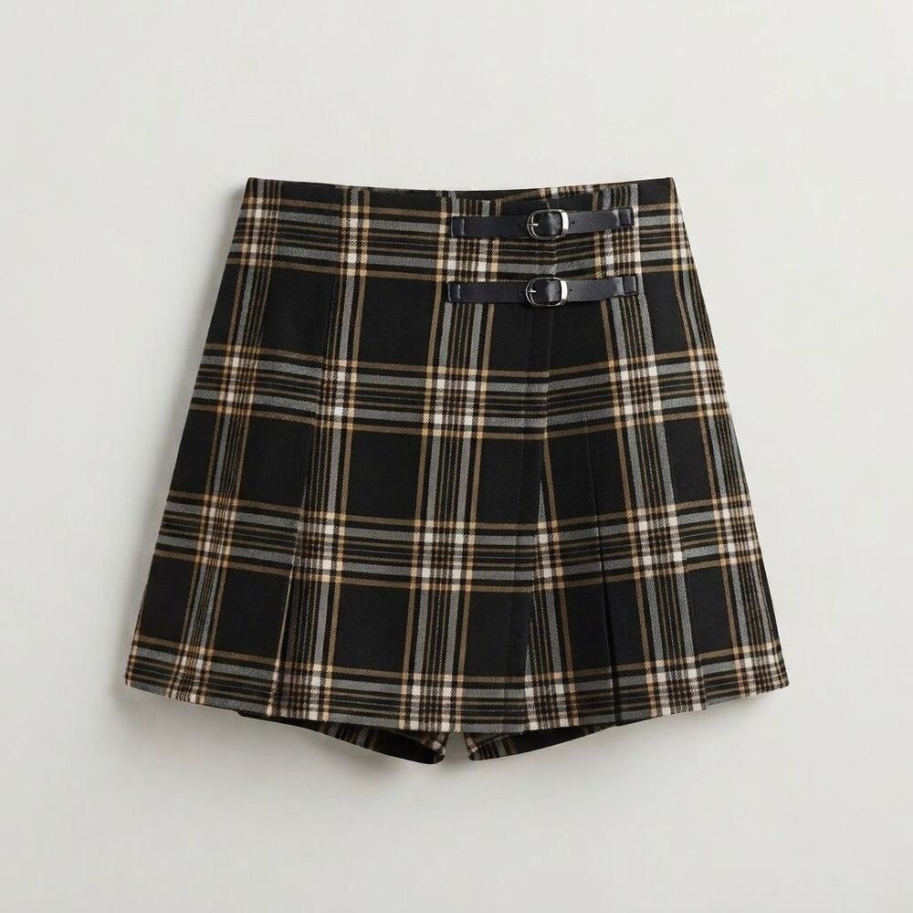 Copper Key Women's Plaid Skort XL Black Beige White High Rise Pockets Buckle NWT